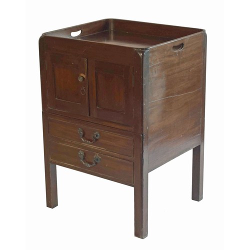 1754 - Georgian mahogany night commode, the gallery tray top over cupboard doors and a converted pull-out d... 