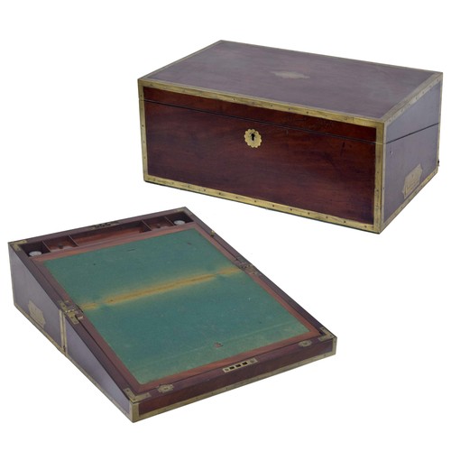 1038 - Good 19th century mahogany brass bound writing slope, with a fitted interior, brass recessed handles... 