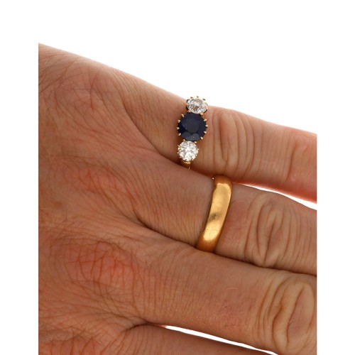 55 - Good 18ct yellow gold diamond and sapphire three stone ring, the round sapphire 1.50ct approx, with ... 