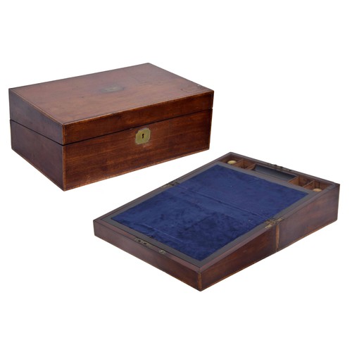 1304 - Victorian mahogany writing slope, the blue velvet lined fitted interior inset with two glass inkwell... 