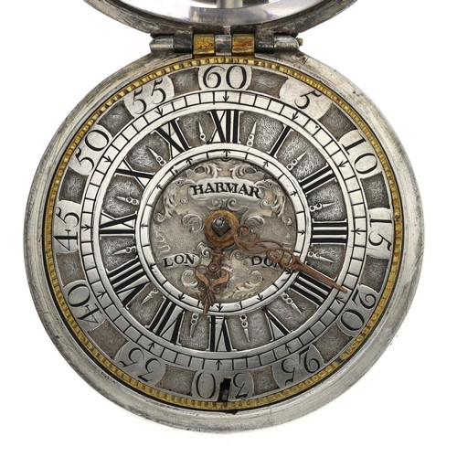 25 - Jasper Harmar, London - English early 18th century silver pair cased verge pocket watch, circa 1700,... 