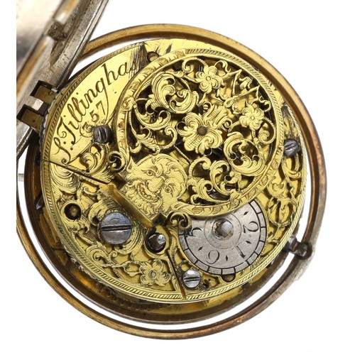 33 - S. Tillinghast - English 18th century silver pair cased verge pocket watch, signed fusee movement, n... 