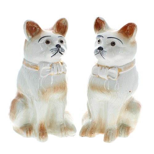 1562 - Pair of Sadler Staffordshire pottery seated cats, with set eyes and gilded bow collars, 13” high; to... 