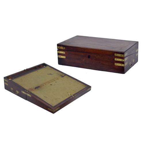 1086 - 19th century mahogany brass bound writing slope, with recessed brass side carry-handles and fitted i... 