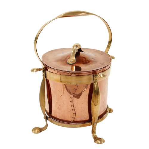 1048 - Good Arts & Crafts brass and rivetted copper circular fireside bin and cover, with liner, set in... 