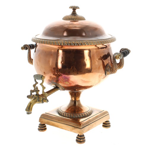 1197 - Good 19th century copper samovar, with turned ebonised handles and brass tap upon a square base with... 