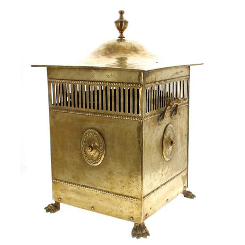 1092 - Neoclassic style square brass fireside bin and cover, with an urn finial over fixed side carry-handl... 