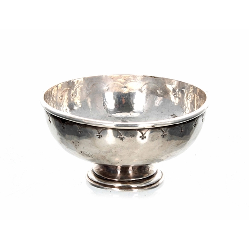 523 - Duchess of Sutherland Cripples Guild silver plated on copper footed bowl, with engraved rim border, ... 