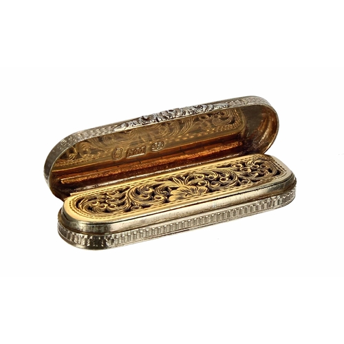 517 - Nathaniel Mills silver gilt oval vinaigrette, the engine turned hinged cover enclosing a fancy pierc... 