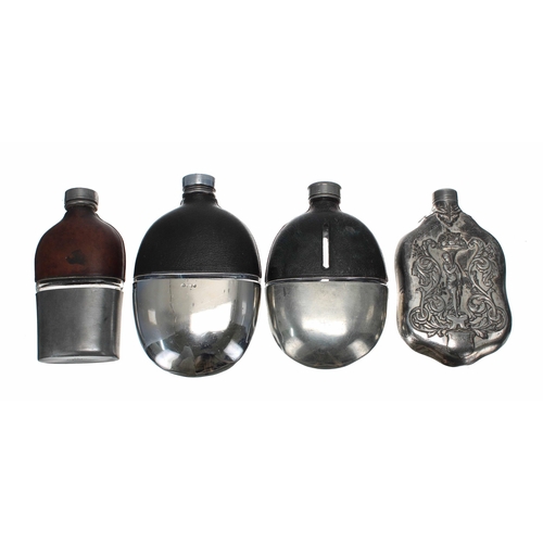 524 - Group of four silver plated spirit flasks, three with half leather jacket and lower removing cups, t... 