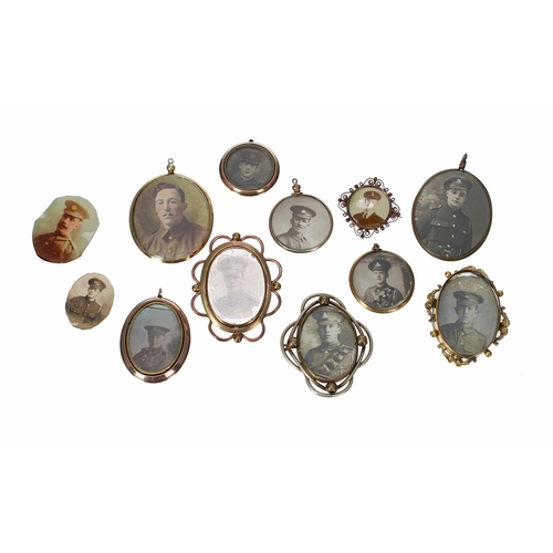 535 - Ten photograph pendants and brooches, featuring uniformed officer portraits; together with some... 