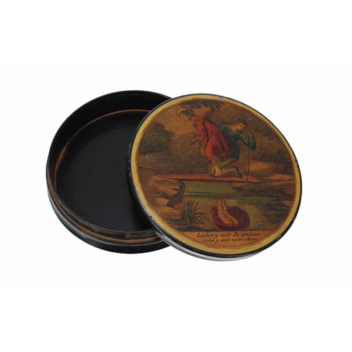 539 - 19th century French lacquered mache circular snuff box, with polychrome erotic scene to the cover, i... 