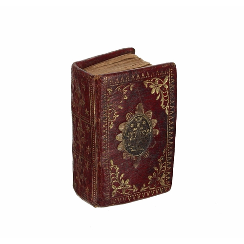 548 - 19th century miniature bible, bound in tooled red morocco leather with gilt, inscribed initials JHS ... 