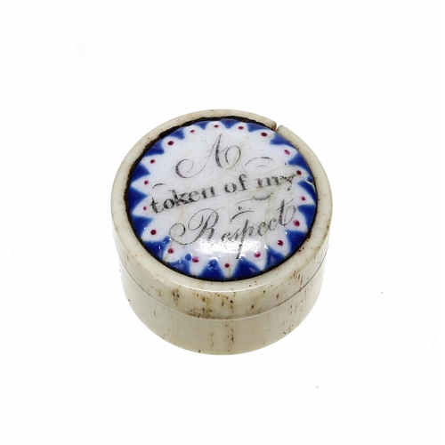 557 - Late 18th/early 19th century bone and enamel patch box, the screw cover inscribed 'A Token Of My Res... 