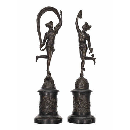 573 - After Giambologna - pair of bronze figures of Mercury and Fortune, both mounted upon tall black marb... 