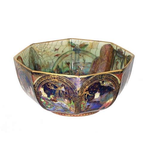 Wedgwood Fairyland Lustre octagonal bowl, a design by Daisy Makeig-Jones, shape Z4968, with black fairyland 'Gargoyles' pattern to the exterior and pearl ground 'Bird in a Hoop' the interior, bearing a Portland vase mark to the underside and inscribed Z4968, 7.5" diameter, 3.5" high **(extensive restored damage)**