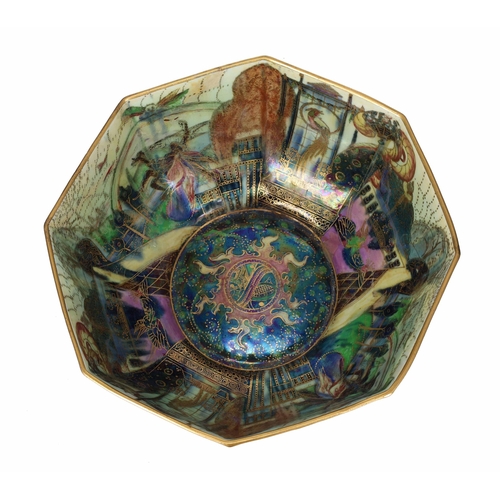 592 - Wedgwood Fairyland Lustre octagonal bowl, a design by Daisy Makeig-Jones, shape Z4968, with black fa... 