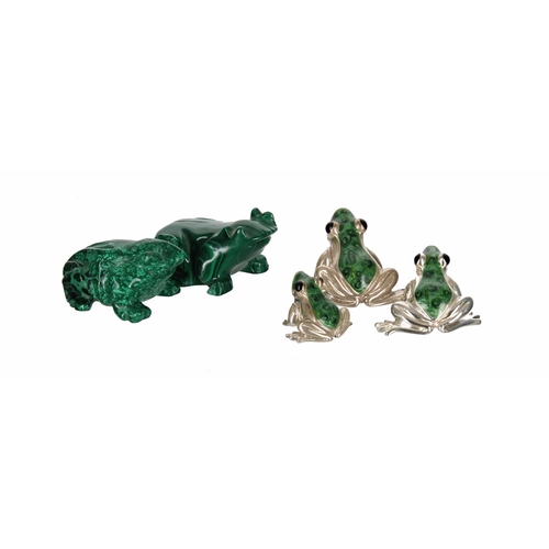 605 - Group of three miniature graduated 925 silver and green enamel frog figures by Mappin & Webb, la... 