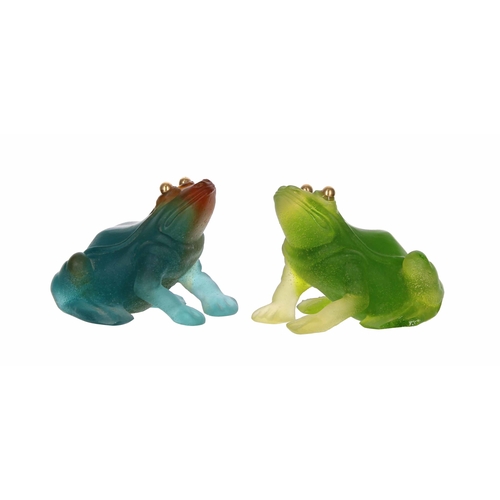 606 - Daum, France - two similar pate de verre glass 'Frog With The Golden Eyes' figures, signed, each 2.5... 