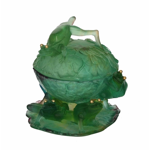 607 - Daum, France 'The Frog with The Golden Eyes', pate de verre glass pedestal vase with cover, the cove... 