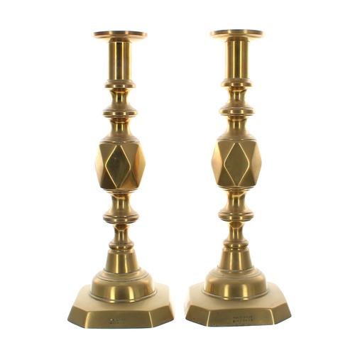 1026 - Pair of Victorian 'The King of Diamonds' brass ejector candlesticks, stamped to the bases, 12