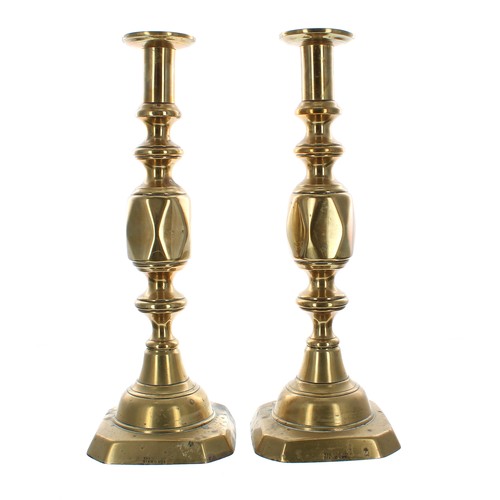 1025 - Pair of Victorian 'Ace of Diamonds' brass ejector candlesticks, stamped to the bases, 14