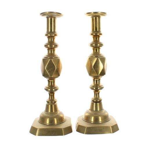 1095 - Pair of Victorian 'King of Diamonds' brass ejector candlesticks, stamped to the bases, 12