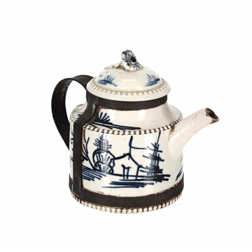 614 - Rare 18th century miniature Creamware 'Make Do' teapot, decorated with blue trees and garden scene, ... 