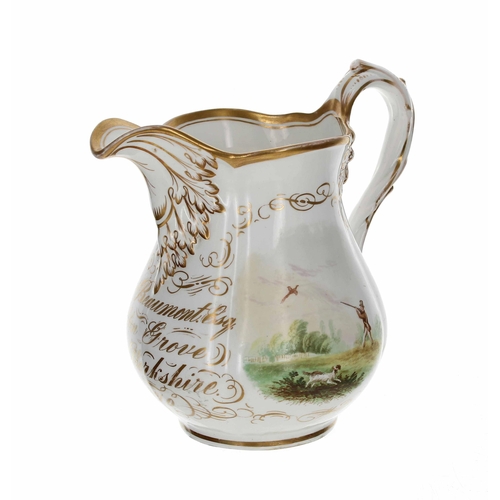 616 - Victorian Staffordshire pottery hunting jug, the moulded branch form handle and decorated with a pan... 