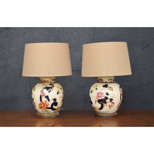 619 - Pair of pottery jar table lamps with shades, 18