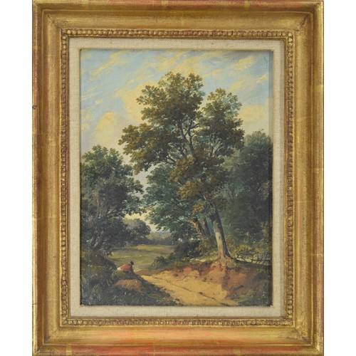 707 - Norwich School (19th century) - Sunlit wooded lane with a figure in the foreground, oil on panel, 10... 