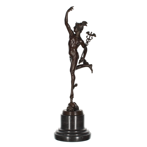 572 - After Giambologna - a bronze figural study of Hermes, signed to the base, upon a stepped polished st... 