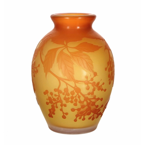 596 - Cristiro cameo glass vase, decorated in relief moulding with fruiting vines, signed, 6.5