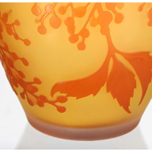 596 - Cristiro cameo glass vase, decorated in relief moulding with fruiting vines, signed, 6.5