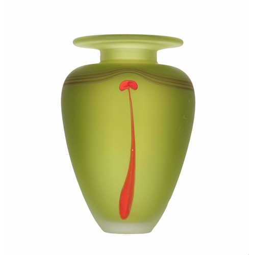 597 - Robert Wynne Denizen Studio Art glass vase, with a single red stem decoration on a frosted green gro... 