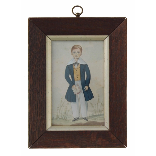 670 - English Naïve School (early 19th century) - Boy with a book, watercolour, 4.5” x 2.75”... 