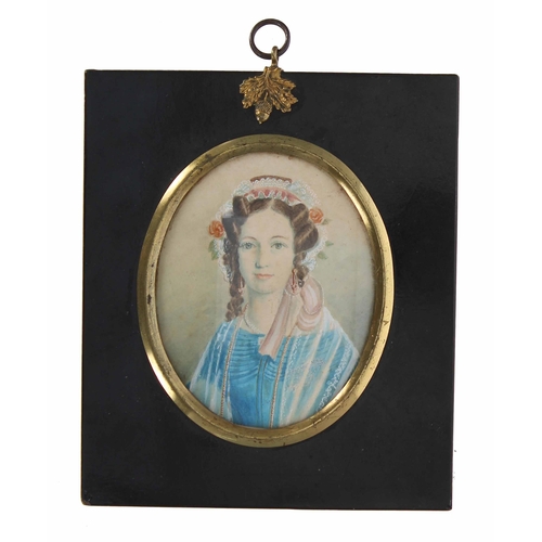 672 - English School (19th century) - Portrait miniature of a lady wearing a blue dress and lace shawl, wi... 