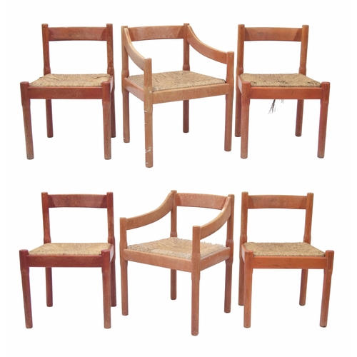 761 - Vico Magistretti (1920-2006) for Habitat - Set of six 'Carimate' chairs, with aniline red stained be... 