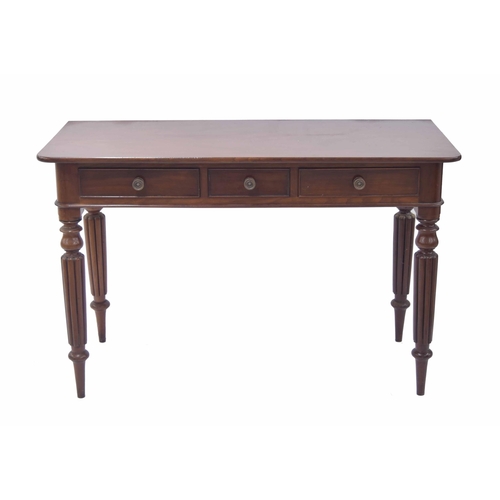 763 - Victorian mahogany writing table, the plain top over three short frieze drawers and raised upon turn... 