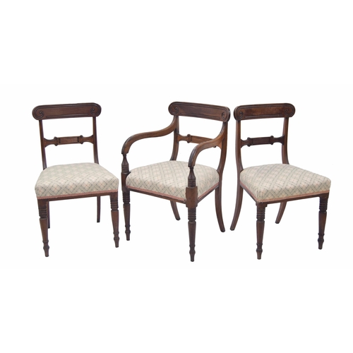 764 - Group of three Regency style dining chairs to include one carver, each with carved bar backs over st... 