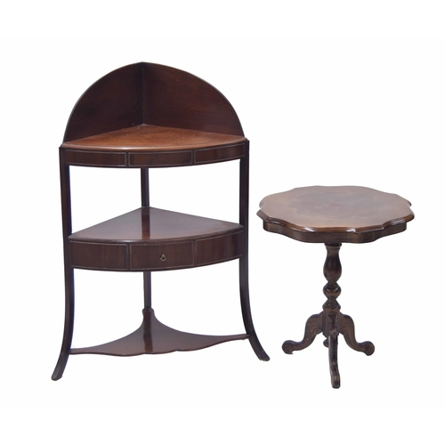 765 - Georgian mahogany corner wash stand, the raised back over two tiers with one small drawer. on out-sw... 