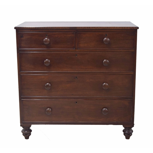 769 - Victorian mahogany chest of two short over three long graduated drawers, raised on turned bun feet, ... 