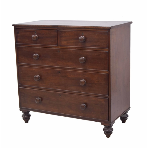 769 - Victorian mahogany chest of two short over three long graduated drawers, raised on turned bun feet, ... 