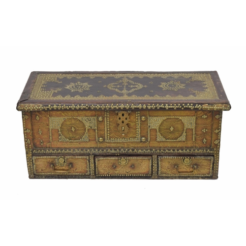 762 - 19th century hardwood metal mounted 'Zanzibar' chest, with stud motif decoration and borders on bras... 