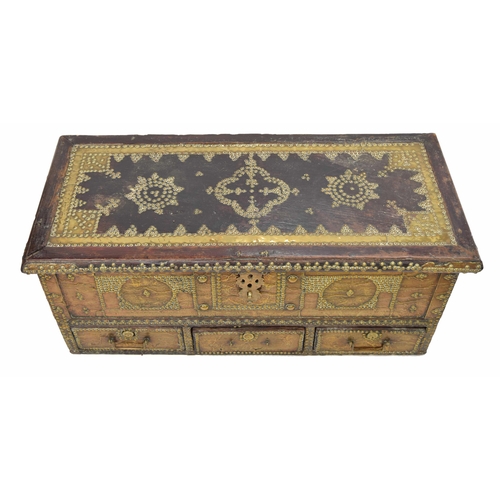 762 - 19th century hardwood metal mounted 'Zanzibar' chest, with stud motif decoration and borders on bras... 