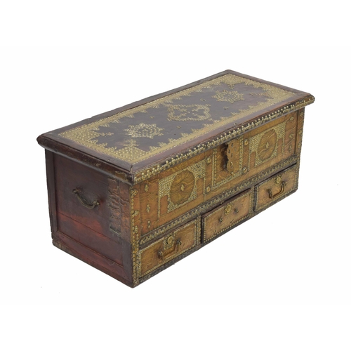 762 - 19th century hardwood metal mounted 'Zanzibar' chest, with stud motif decoration and borders on bras... 