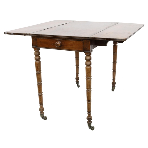 790 - 19th century mahogany Pembroke table, with a single frieze drawer upon barrel tuned legs terminating... 