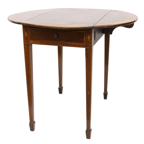 791 - Sheraton revival oval mahogany and satinwood crossbanded oval Pembroke table, the frieze inlaid with... 