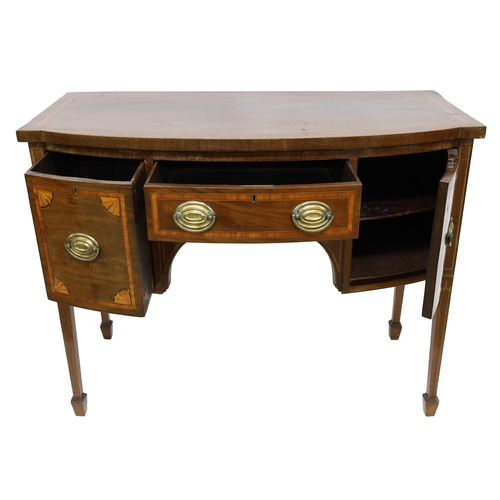 792 - Georgian style mahogany inlaid bowfront sideboard of small proportion, the top with satinwood crossb... 