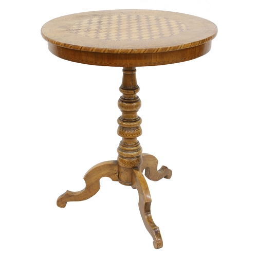 794 - Victorian walnut parquetry and inlaid circular tripod occasional table, upon a turned column with do... 